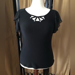 Black Flutter Sleeve Bead Embellished Cutout Collar Blouse